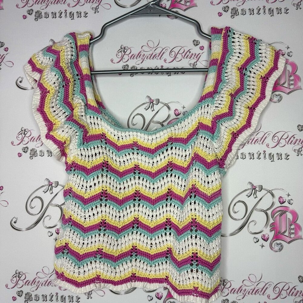 Only tank top knitted knit crochet striped ruffle arms cute pink white blue